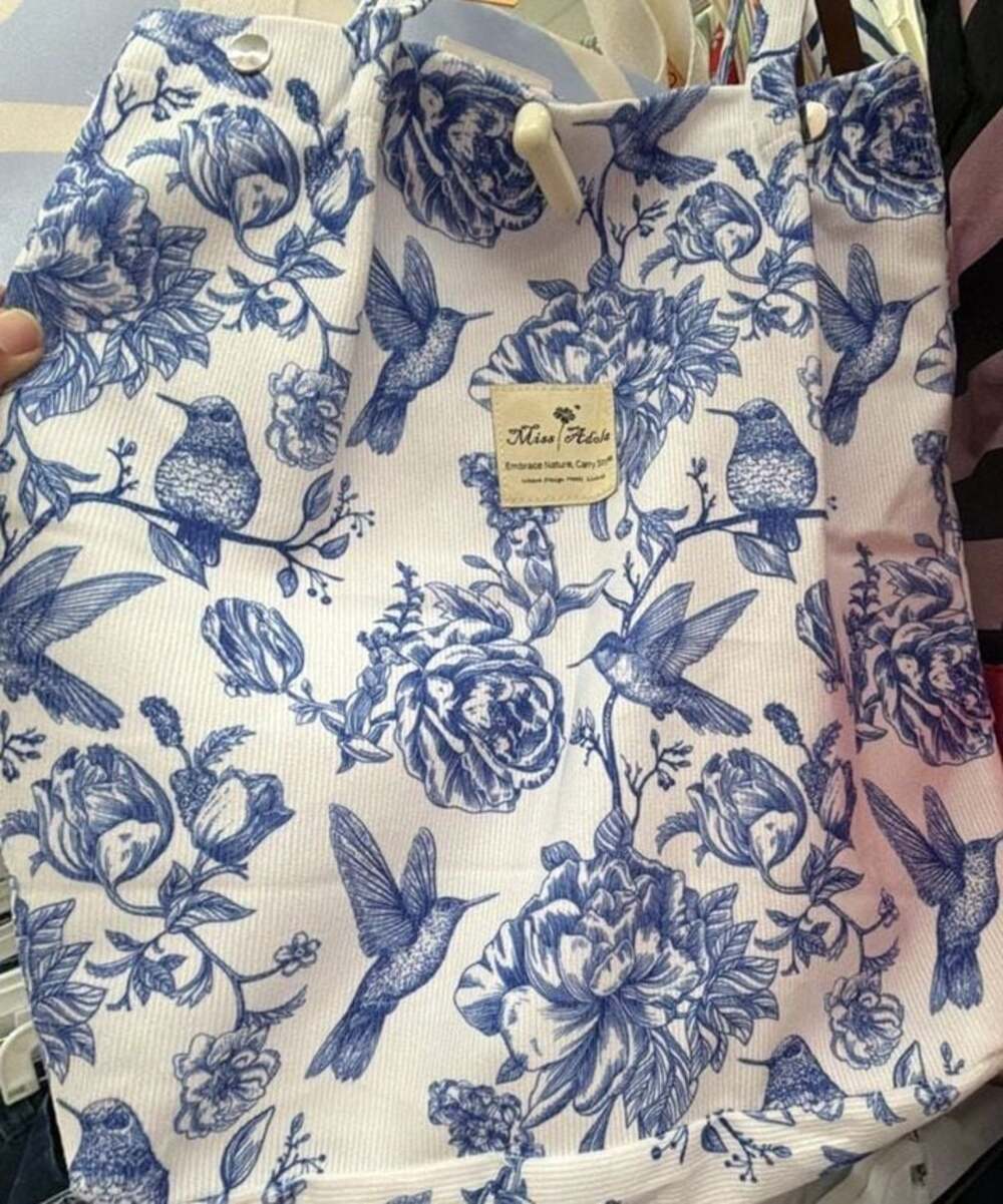 Miss Adola Blue and White Floral Hummingbird Print Corduroy Tote Bag